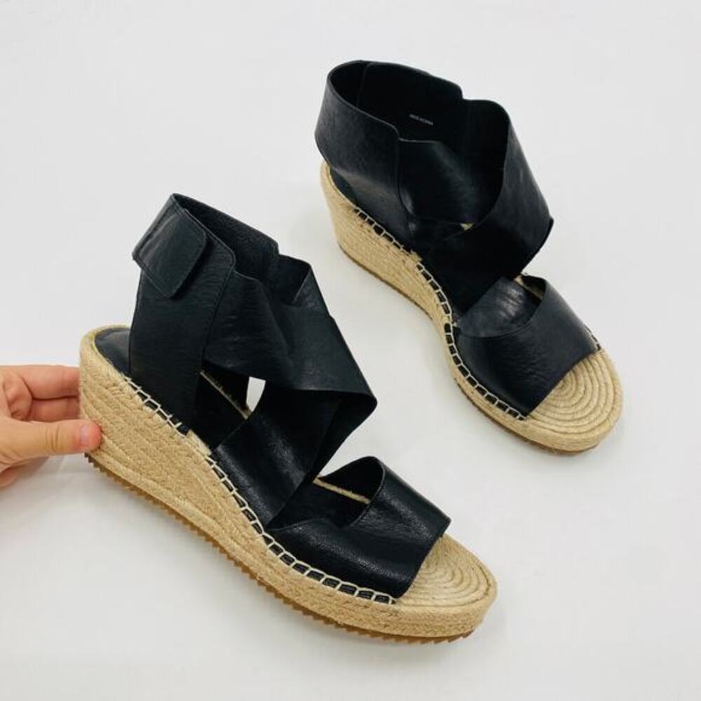 Eileen Fisher Black Leather Wrap Espadrille Wedges